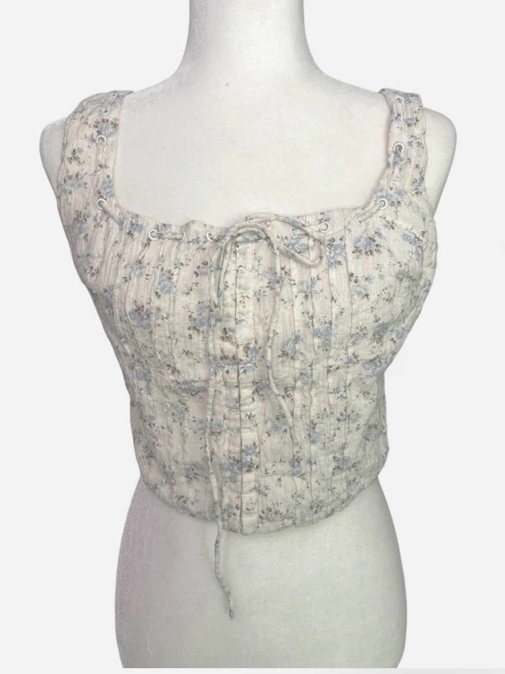 Floral Ivory Cropped Tank Top with Front Tie